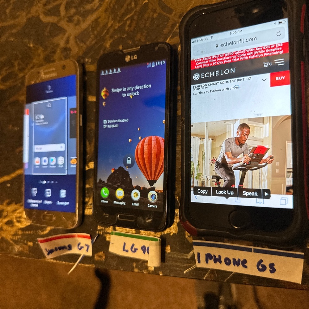 (1) Apple I-phone 6s, (1) Samsung Galaxy G7, and (1) LG 90 unlocked cell phones